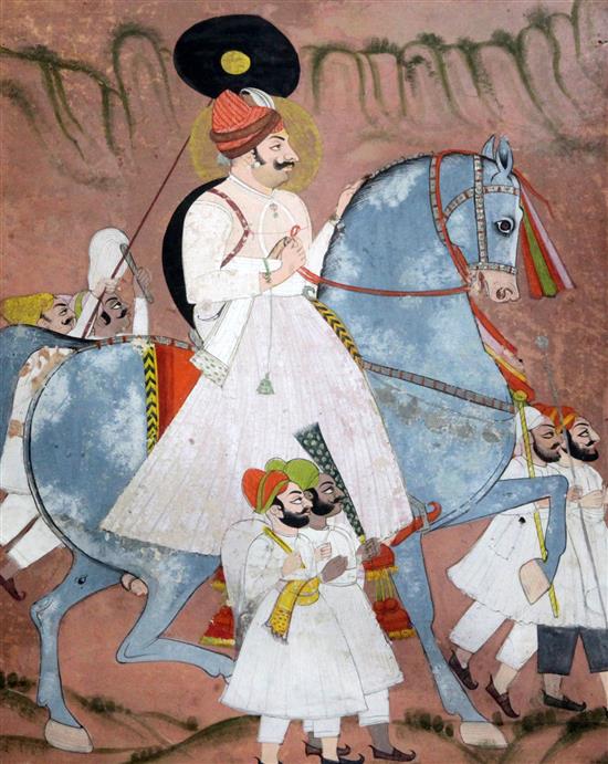 Indian School Study of a nobleman on horseback; a couple riding a camel and figures on a terrace at night largest 12.5 x 9.25in.